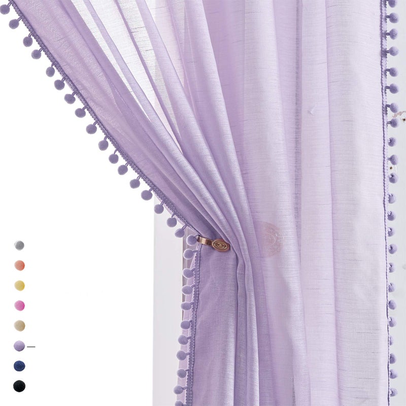 Treatmentex Pom-Pom Sheer Curtains for Kid's Room, 63" Linen Textured Volie Window Curtain Panels Lilac 52" w 1 Pair - Image 1